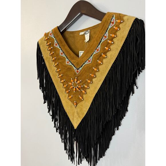 Brown Fringe Native Western Beaded Suede Poncho Collar Fringe - Picture 8 of 9